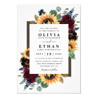 Sunflower and Roses Burgundy Red Navy Blue Wedding Invitation