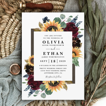 Sunflower And Roses Burgundy Red Navy Blue Wedding Invitation by RusticWeddings at Zazzle