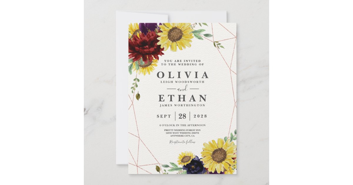 Sunflower and Roses Burgundy Red Navy Blue Wedding Invitation | Zazzle