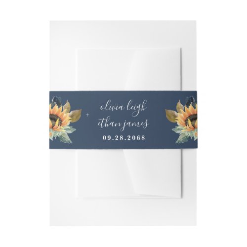 Sunflower and Roses Burgundy Red Navy Blue Wedding Invitation Belly Band - Design features elegant watercolor roses, peonies, wildflowers and sunflowers in various shades of burgundy red, navy blue and more mixed with eucalyptus greenery.