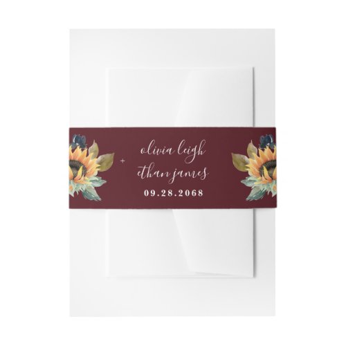 Sunflower and Roses Burgundy Red Navy Blue Wedding Invitation Belly Band