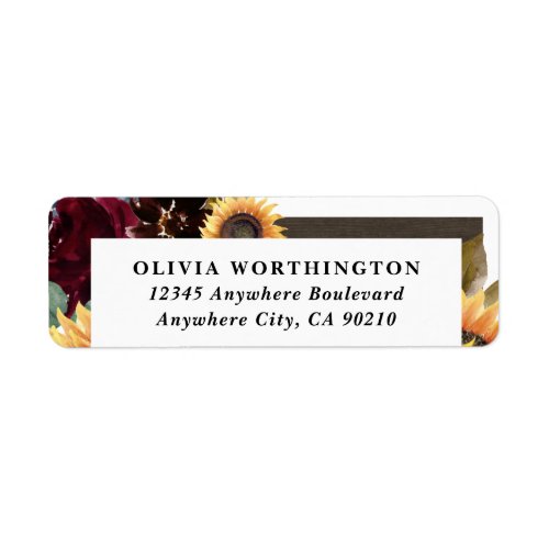 Sunflower and Roses Burgundy Red Navy Blue Wedding Label - Design features elegant watercolor roses, peonies, wildflowers and sunflowers in various shades of burgundy red, navy blue and more over a wreath of eucalyptus greenery. Design also features a barn wood frame underneath the wreath. A unique font layout compliments the overall design. You can change the background color on the front and back to the color of your choice or leave both set to white. View the collection on this page to find matching wedding stationery products.
