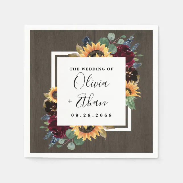 Sunflower and Roses Burgundy Red Navy Blue Wedding Napkins | Zazzle