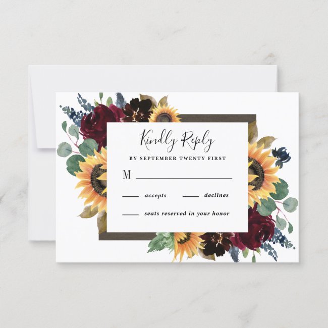 Sunflower and Roses Burgundy Red Navy Blue Wedding RSVP Card