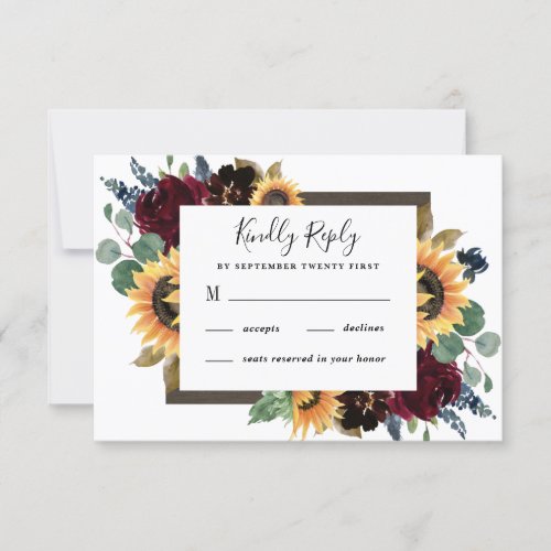 Sunflower and Roses Burgundy Red Navy Blue Wedding RSVP Card - Design features elegant watercolor roses, peonies, wildflowers and sunflowers in various shades of burgundy red, navy blue and more over a wreath of eucalyptus greenery. Design also features a barn wood frame underneath the wreath. A unique font layout compliments the overall design. You can change the background color on the front and back to the color of your choice or leave both set to white. View the collection on this page to find matching wedding stationery products.