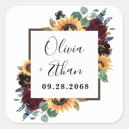 Sunflower and Roses Burgundy Red Navy Blue Wedding Square Sticker
