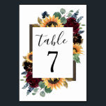 Sunflower and Roses Burgundy Red Navy Blue Wedding Table Number<br><div class="desc">Design features elegant watercolor roses, peonies, wildflowers and sunflowers in various shades of burgundy red, navy blue and more over a wreath of eucalyptus greenery. Design also features a barn wood frame underneath the wreath. A unique font layout compliments the overall design. You can change the background color on the...</div>