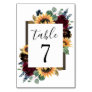 Sunflower and Roses Burgundy Red Navy Blue Wedding Table Number