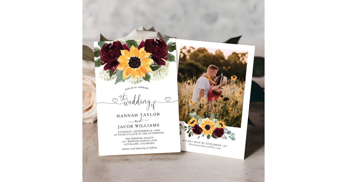 Sunflower and Roses Burgundy Red Photo Wedding Invitation | Zazzle