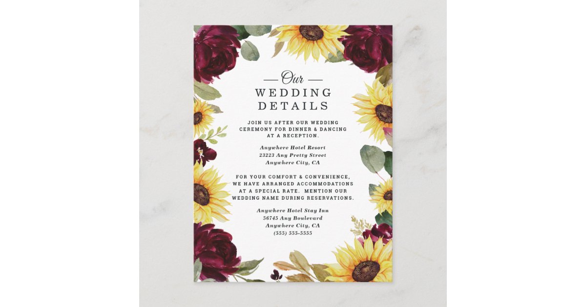 Sunflower and Roses Burgundy Red Rustic Wedding Enclosure Card | Zazzle