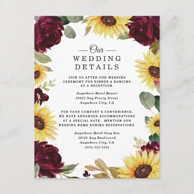 Sunflower and Roses Burgundy Red Rustic Wedding Enclosure Card (Front)