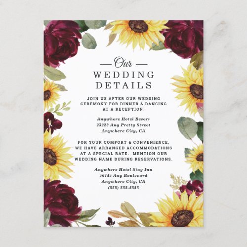 Sunflower and Roses Burgundy Red Rustic Wedding Enclosure Card
