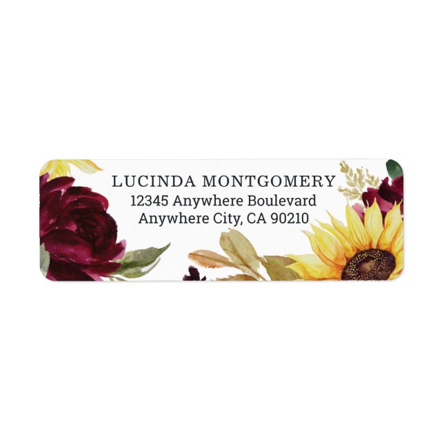 Sunflower and Roses Burgundy Red Rustic Wedding Label (Front)