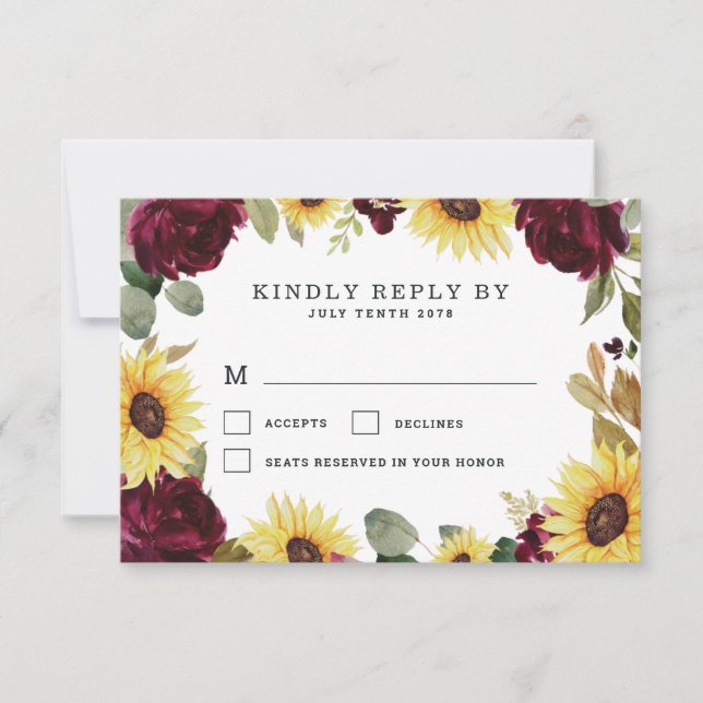 Sunflower and Roses Burgundy Red Rustic Wedding RSVP Card (Front)
