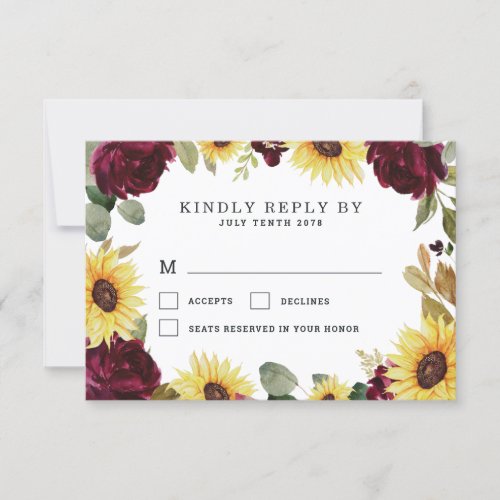 Sunflower and Roses Burgundy Red Rustic Wedding RSVP Card