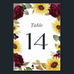 Sunflower and Roses Burgundy Red Rustic Wedding Table Number<br><div class="desc">Design features beautiful watercolor sunflowers and burgundy red roses with elegant eucalyptus and other greenery elements.</div>