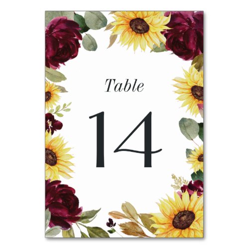 Sunflower and Roses Burgundy Red Rustic Wedding Table Number