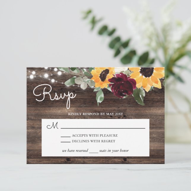 Sunflower and Roses Burgundy Red Rustic Wood RSVP Card (Standing Front)