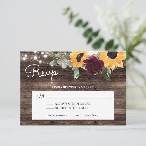 Sunflower and Roses Burgundy Red Rustic Wood RSVP Card