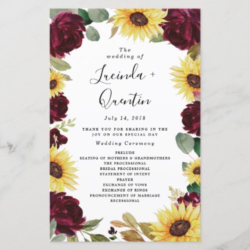 Sunflower and Roses Burgundy Red Wedding Programs
