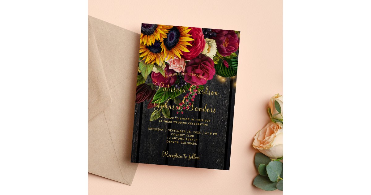 Sunflower and roses burgundy rustic fall wedding invitation | Zazzle