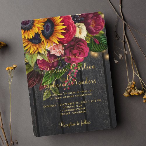 Sunflower and roses burgundy rustic fall wedding invitation