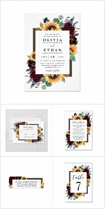 Sunflower and Roses Burgundy Wedding Invitations