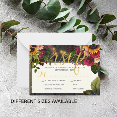 Sunflower and roses meal options wedding RSVP Note Card
