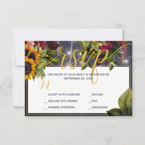 Sunflower and roses navy burgundy rustic wedding RSVP card