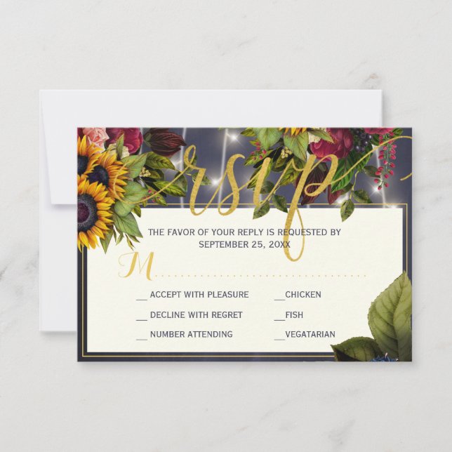 Sunflower and roses navy burgundy rustic wedding RSVP card (Front)