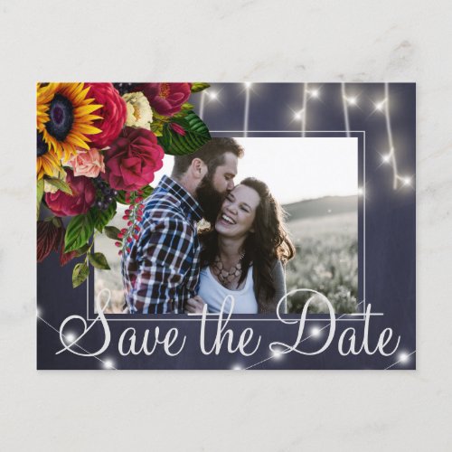 Sunflower and roses navy photo save date wedding announcement postcard