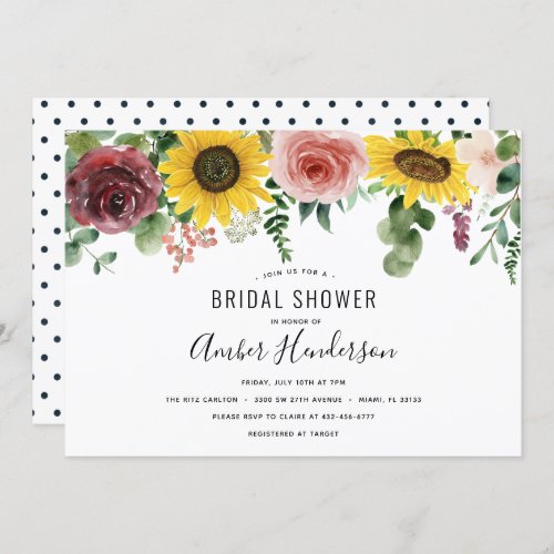 Sunflower and Roses Polka Dots Bridal Shower Invitation