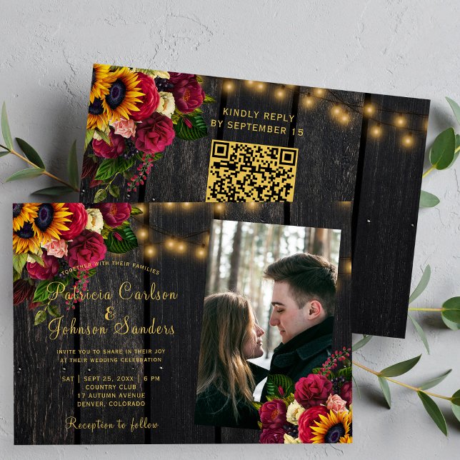 Sunflower and roses QR code photo rustic wedding Invitation (Creator Uploaded)