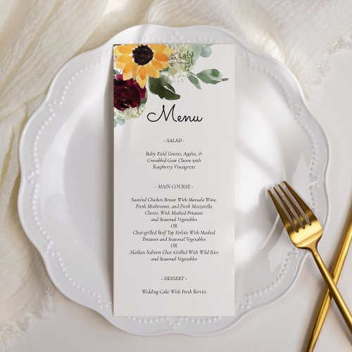Sunflower and Roses Rustic Country Wedding Menu
