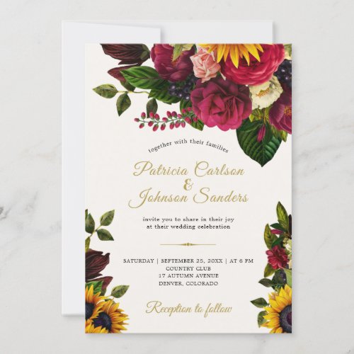 Sunflower and roses rustic fall monogram wedding invitation