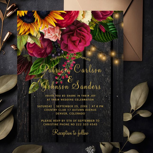 Sunflower and roses rustic fall wedding invitation (Creator Uploaded)