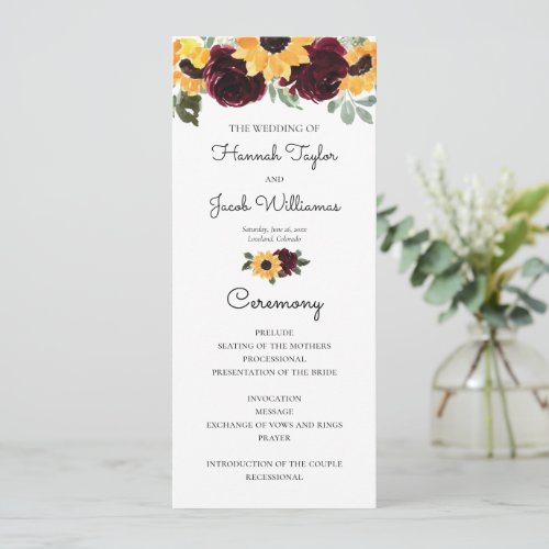 Sunflower and Roses Rustic Greenery Wedding Program