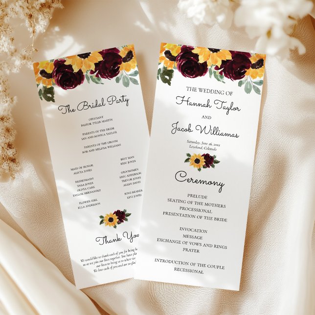 Sunflower and Roses Rustic Greenery Wedding Program (Creator Uploaded)