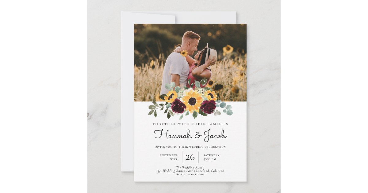 Sunflower and Roses Rustic Photo Wedding Invitation Zazzle