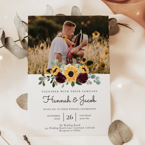 Sunflower and Roses Rustic Photo Wedding Invitation