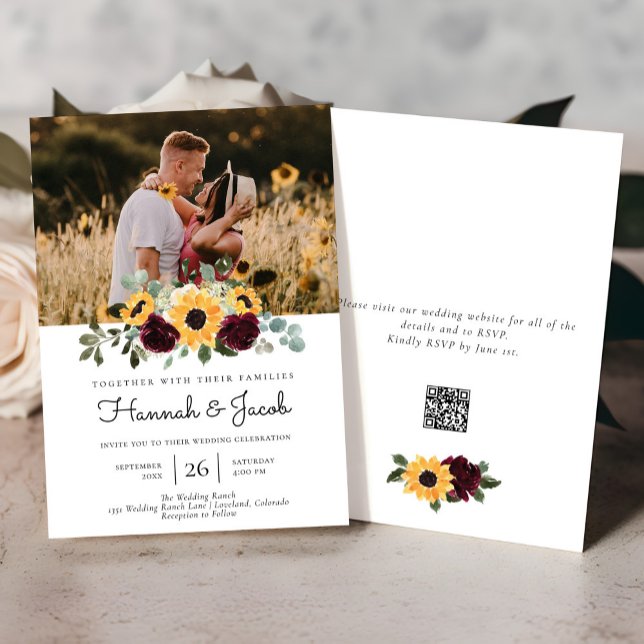 Sunflower and Roses Rustic QR Code Photo Wedding Invitation (Creator Uploaded)