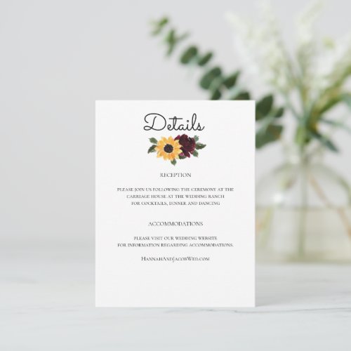 Sunflower and Roses Rustic Wedding Enclosure Card