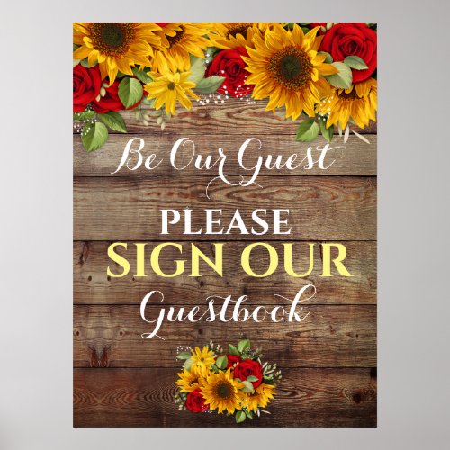 Sunflower and Roses Rustic Wedding Guestbook Sign