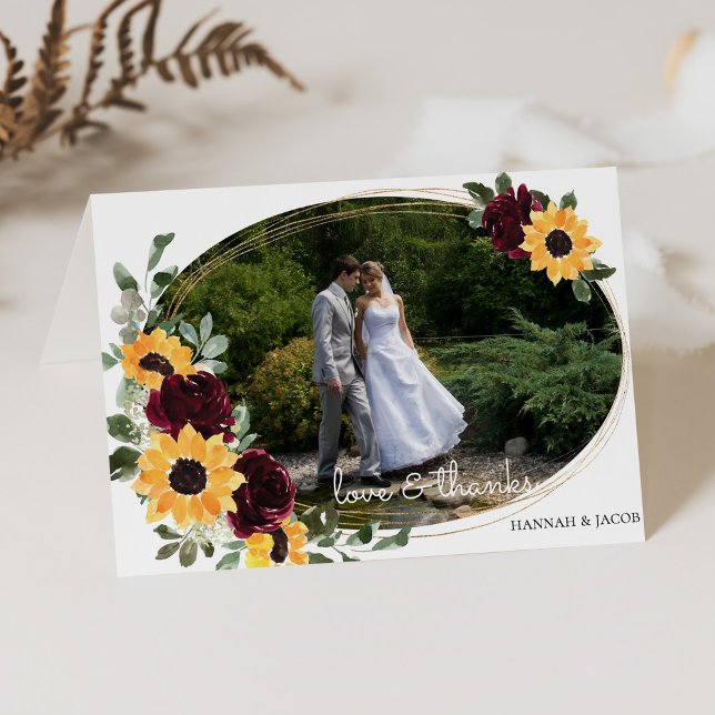 Sunflower and Roses Rustic Wedding Photo Thank You Card (Creator Uploaded)