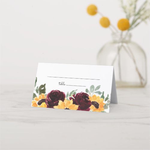 Sunflower and Roses Rustic Wedding Place Card