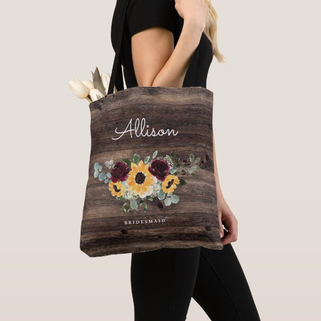 Sunflower and Roses Rustic Wood Wedding Bridesmaid Tote Bag (Close Up)