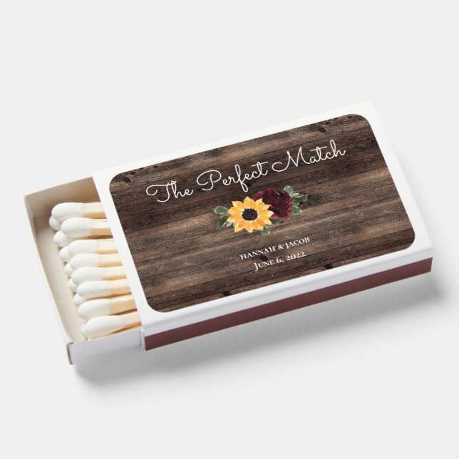 Sunflower and Roses Rustic Wood Wedding Favor Matchboxes (Front Open)