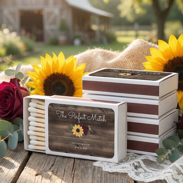 Sunflower and Roses Rustic Wood Wedding Favor Matchboxes (Creator Uploaded)