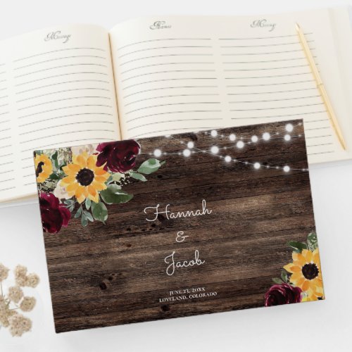 Sunflower and Roses Rustic Wood Wedding Guest Book
