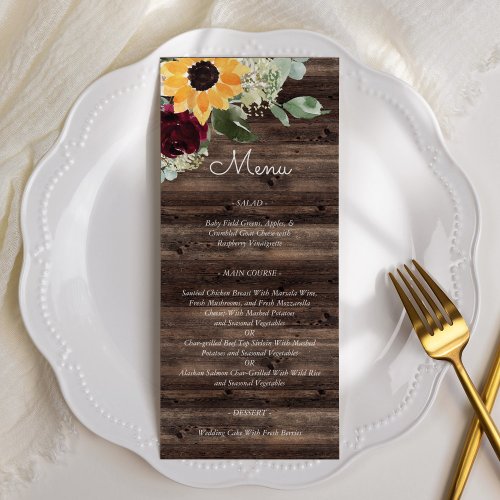 Sunflower and Roses Rustic Wood Wedding Menu